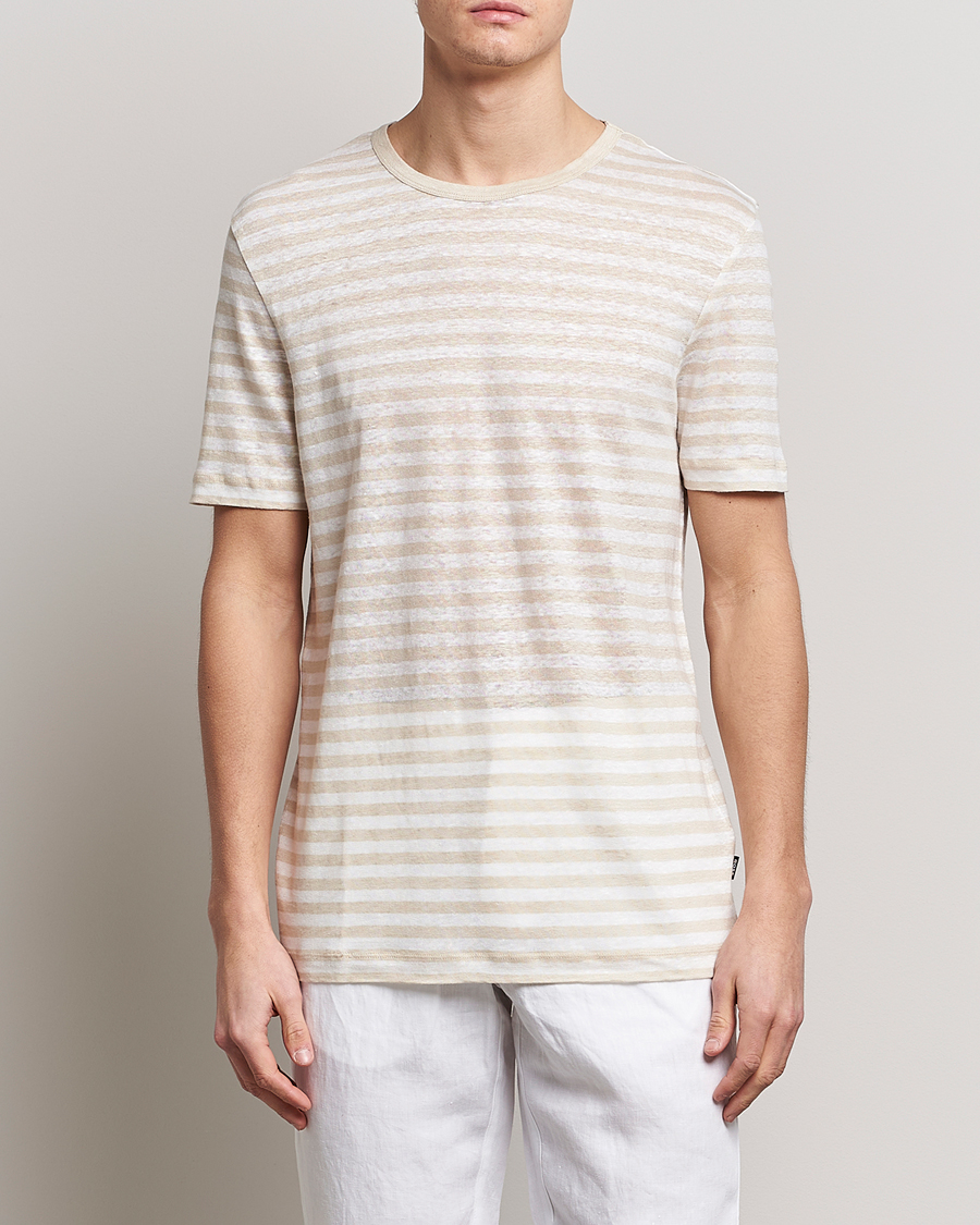 Uomini | T-shirt | BOSS BLACK | Tiburt Striped Linen Crew Neck T-Shirt Open White