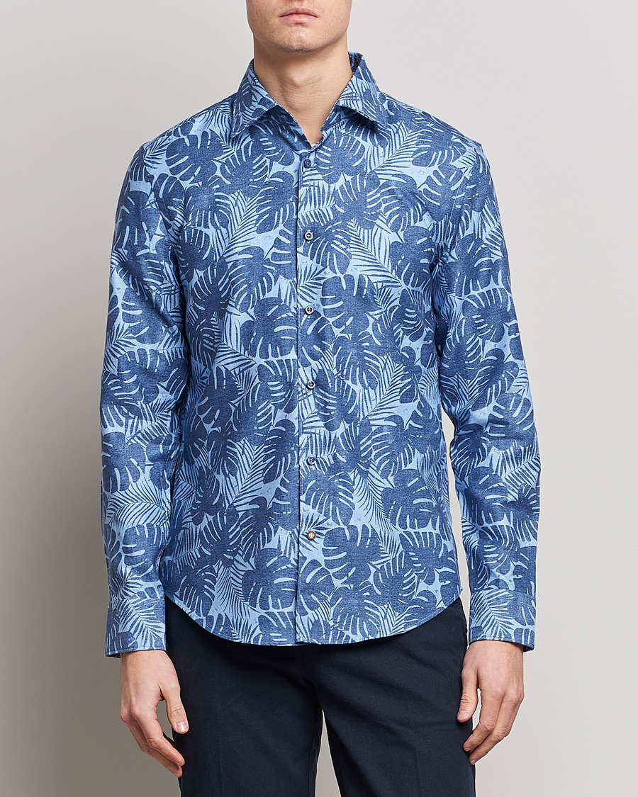 Uomini | Camicie | BOSS BLACK | Hal Cotton/Linen Flower Shirt Open Blue