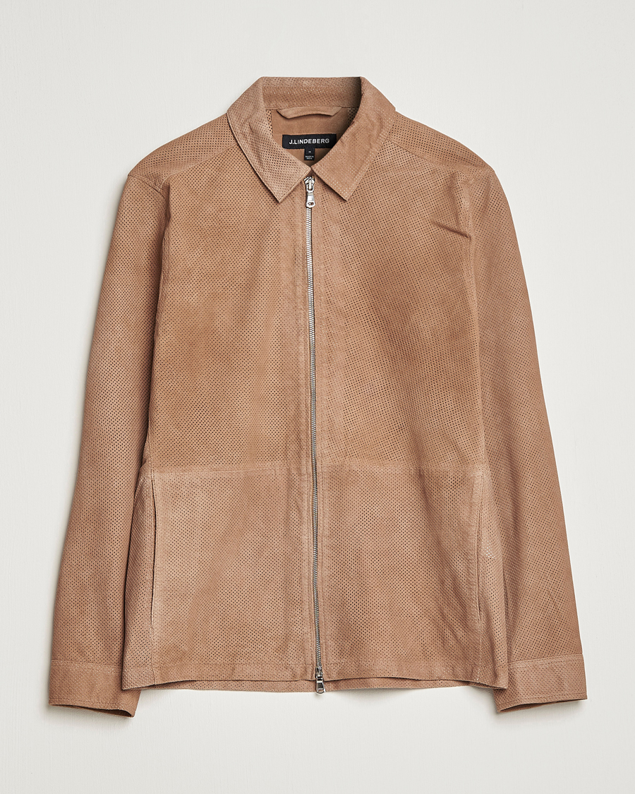 Uomini | Giacche | J.Lindeberg | Jonah Perforated Suede Overshirt Tiger Brown