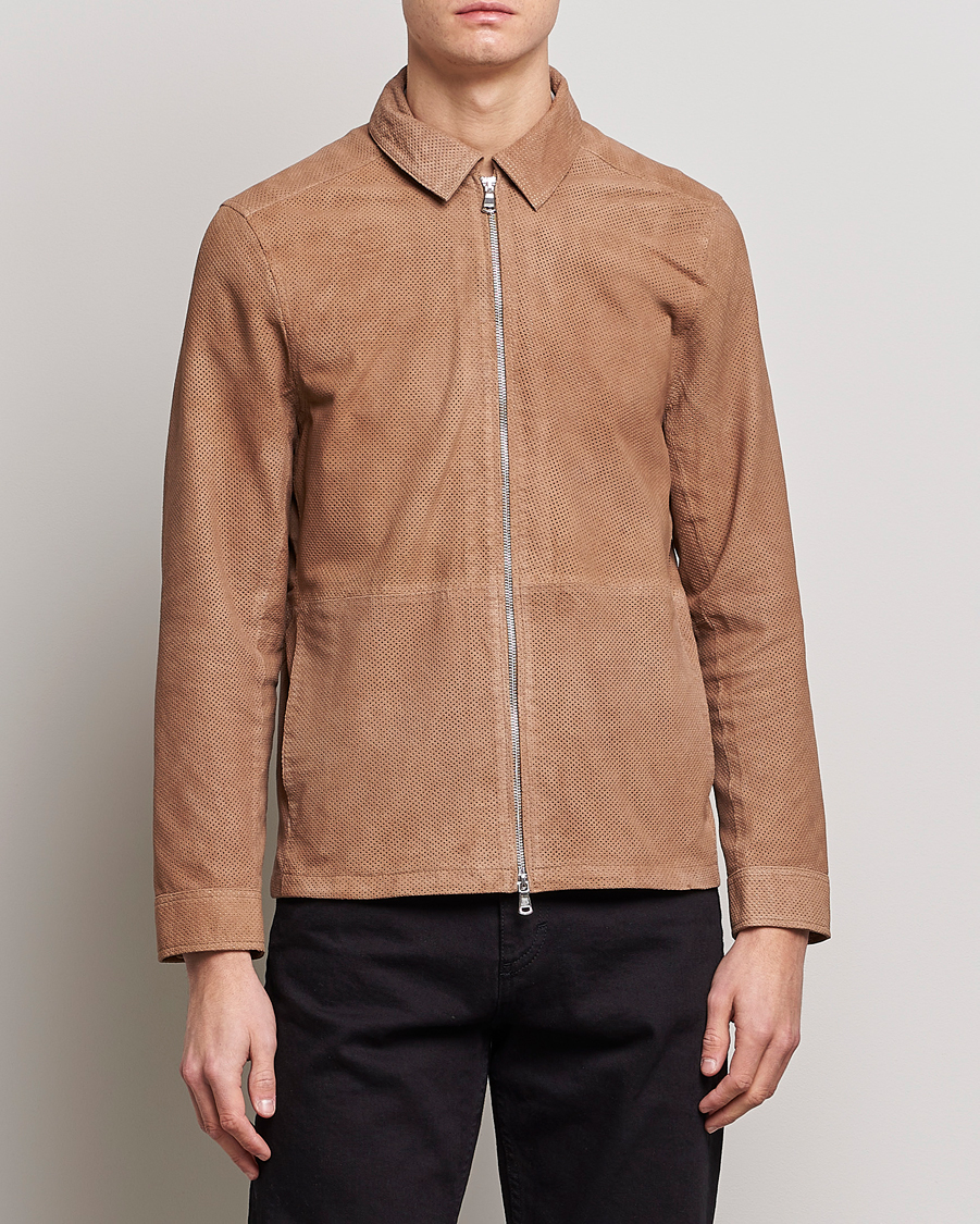 Uomini | Giacche | J.Lindeberg | Jonah Perforated Suede Overshirt Tiger Brown