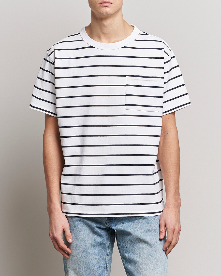 Uomini | T-shirt | Jeanerica | Hervé Striped Heacy Crew Neck T-Shirt White/Navy