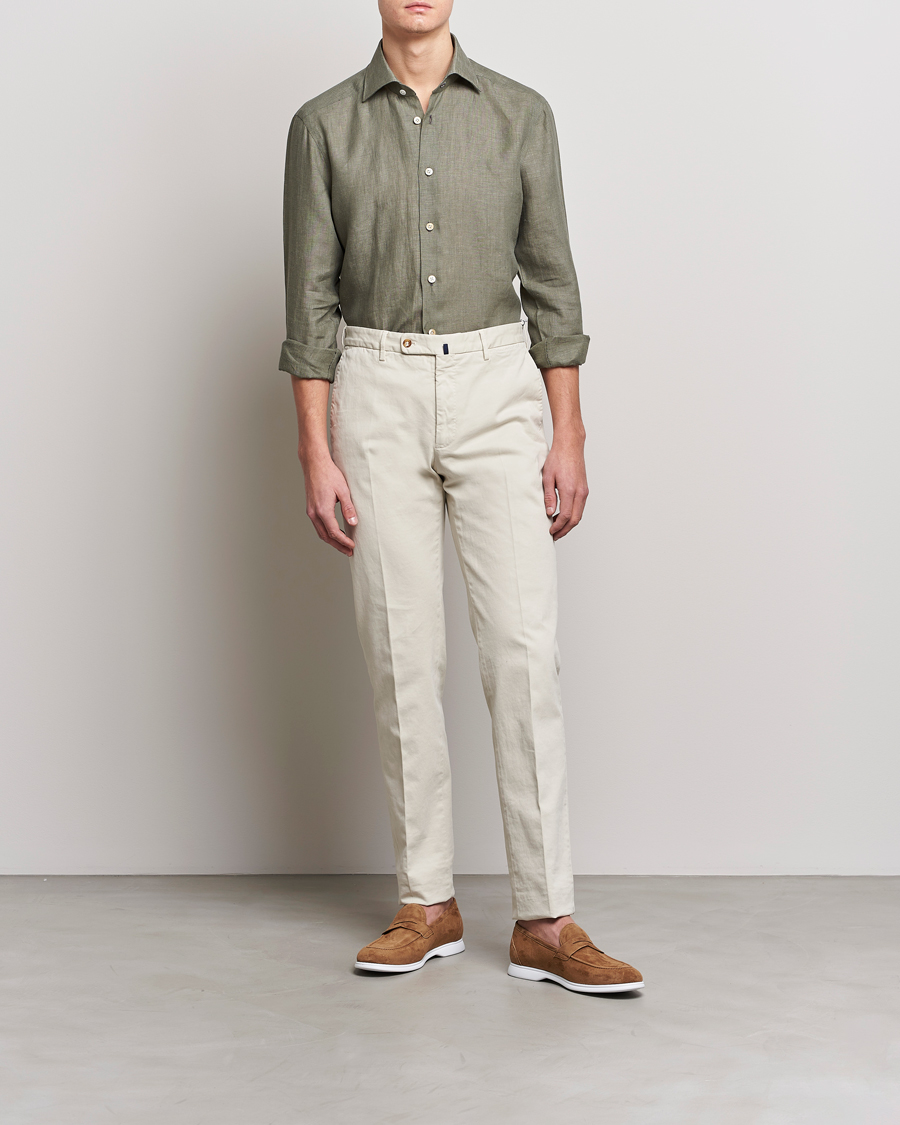 Uomini | Camicie | Kiton | Linen Sport Shirt Olive