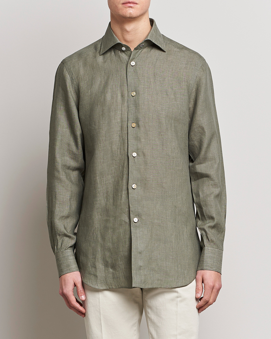 Uomini | Camicie | Kiton | Linen Sport Shirt Olive