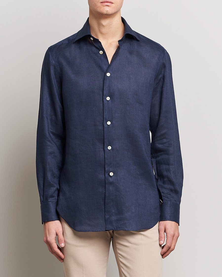 Uomini | Camicie | Kiton | Linen Sport Shirt Navy
