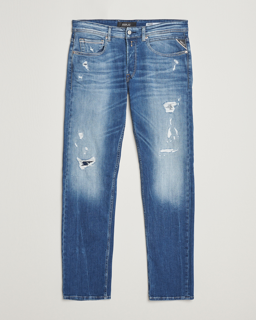 Uomini | Jeans | Replay | Grover Straight Fit Stretch Shredded Jeans Blue