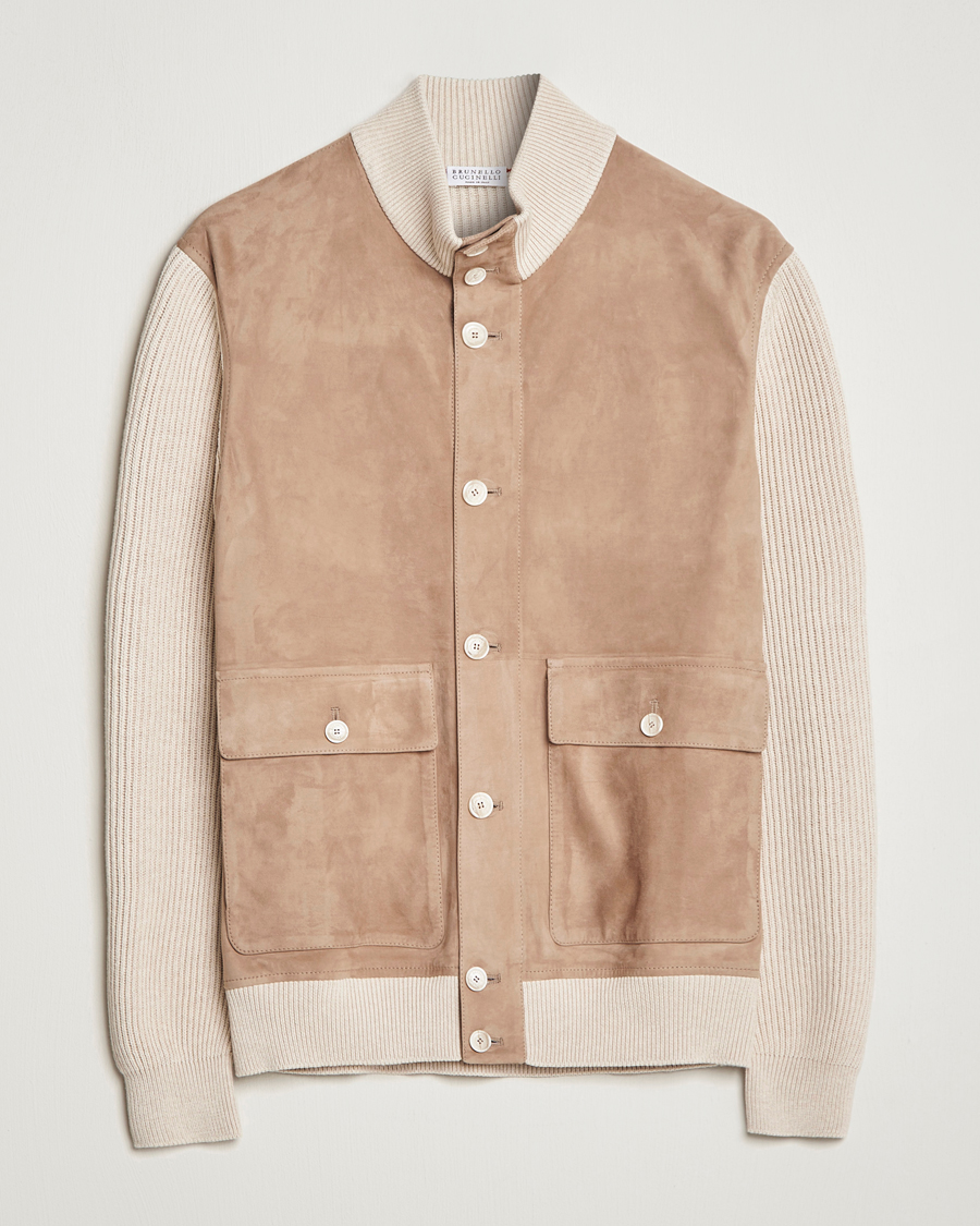 Uomini | Giacche | Brunello Cucinelli | Suede Knit Bomber Jacket Beige Suede