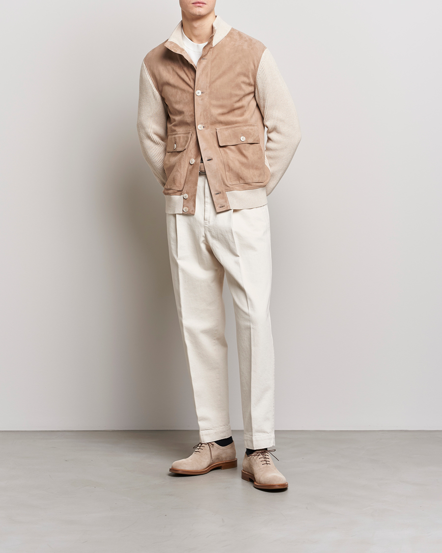 Uomini | Giacche | Brunello Cucinelli | Suede Knit Bomber Jacket Beige Suede