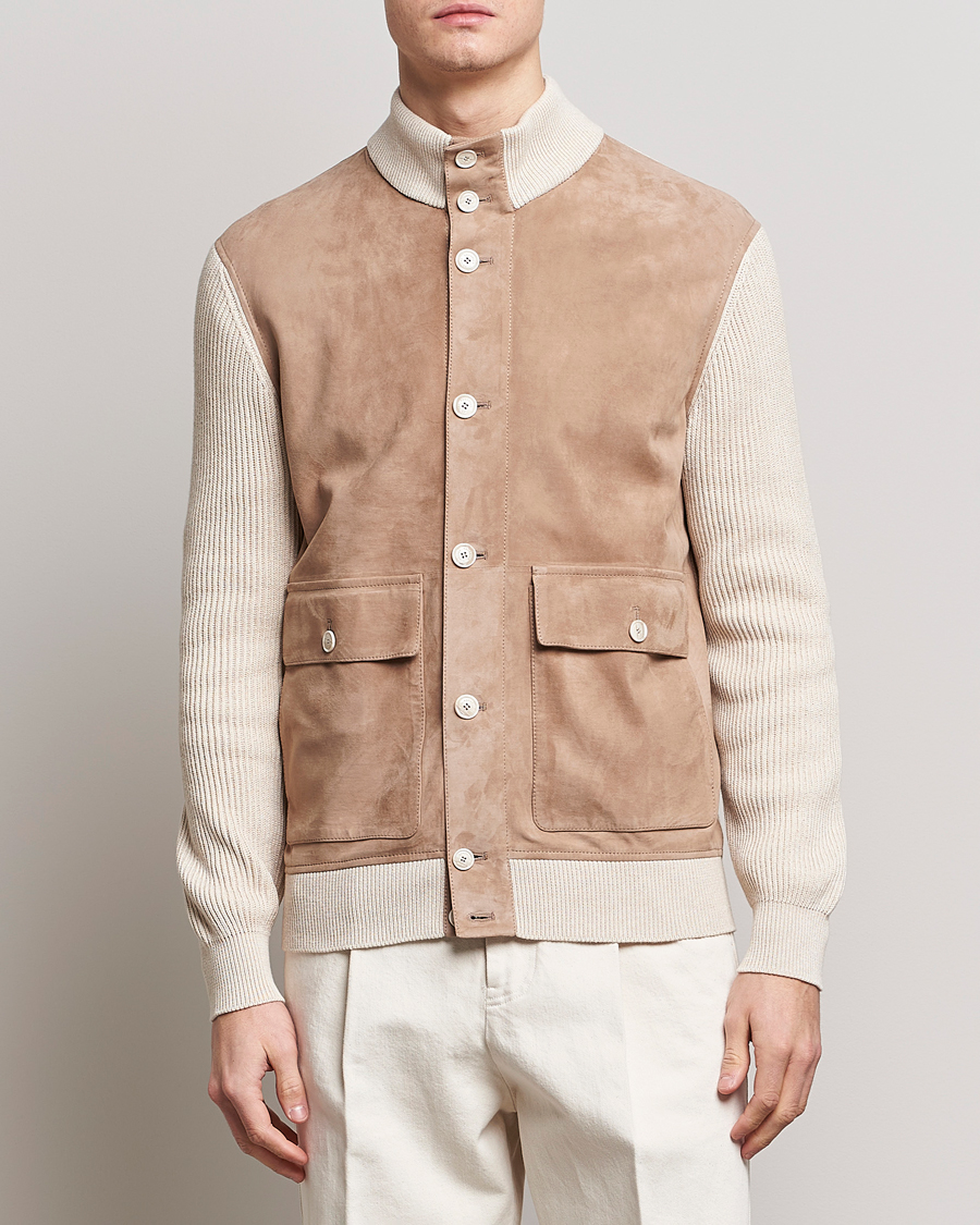 Uomini | Giacche | Brunello Cucinelli | Suede Knit Bomber Jacket Beige Suede