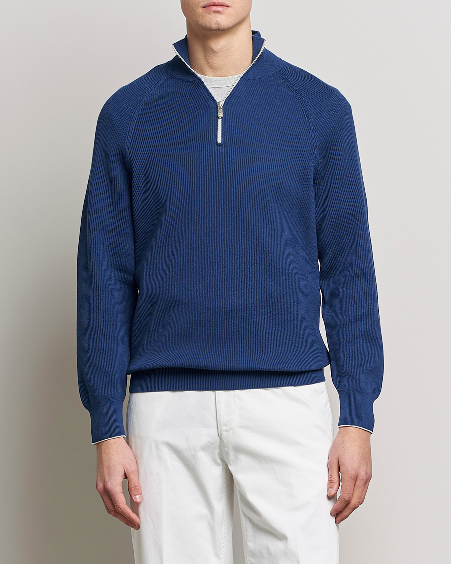 Uomini | Maglieria | Brunello Cucinelli | Rib Stitch Half Zip Ocean Blue