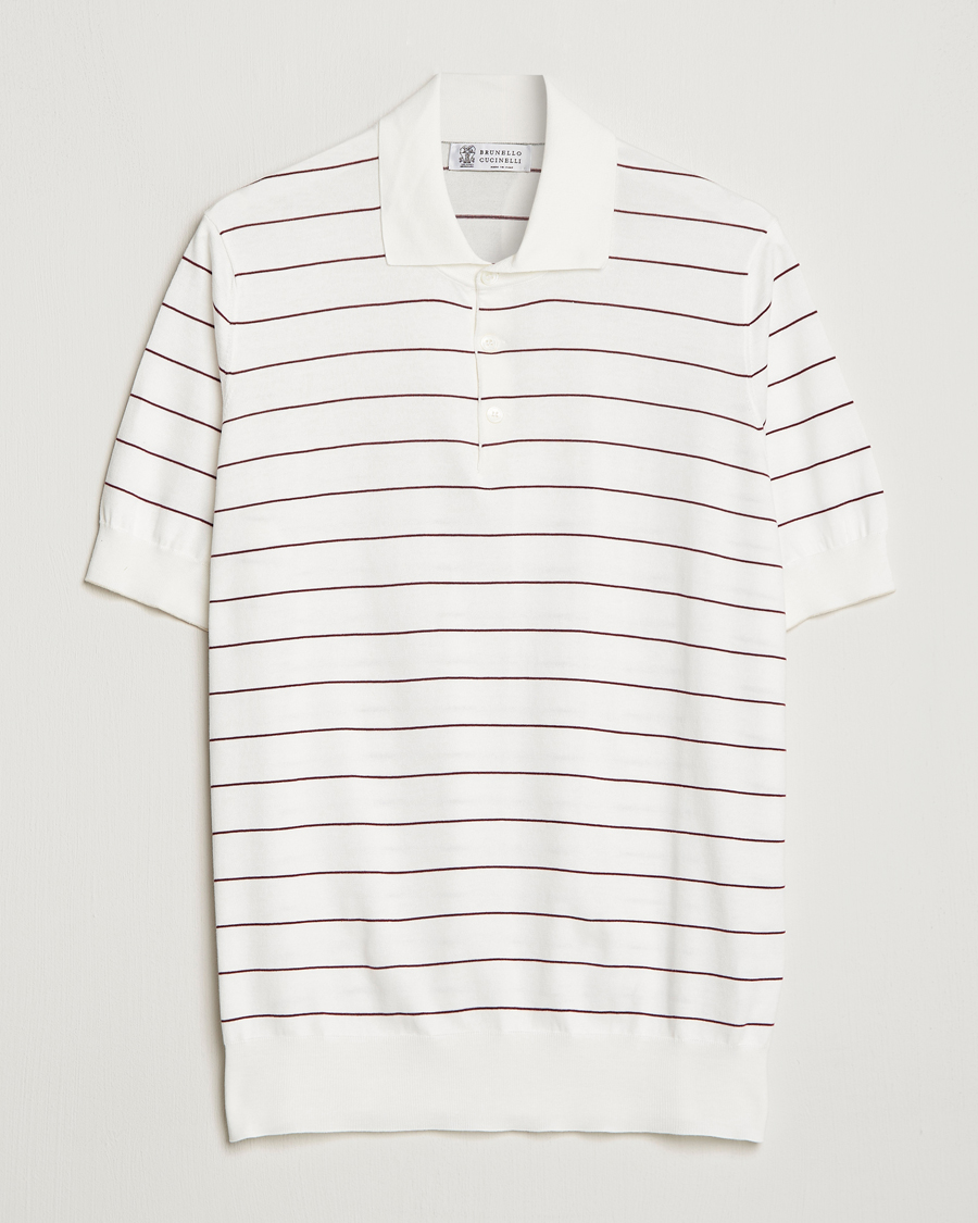 Uomini | Polo | Brunello Cucinelli | Short Sleeve Striped Knitted Polo White/Burgundy