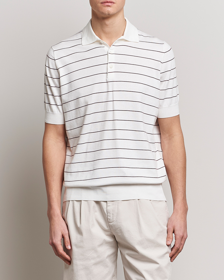 Uomini | Polo | Brunello Cucinelli | Short Sleeve Striped Knitted Polo White/Burgundy