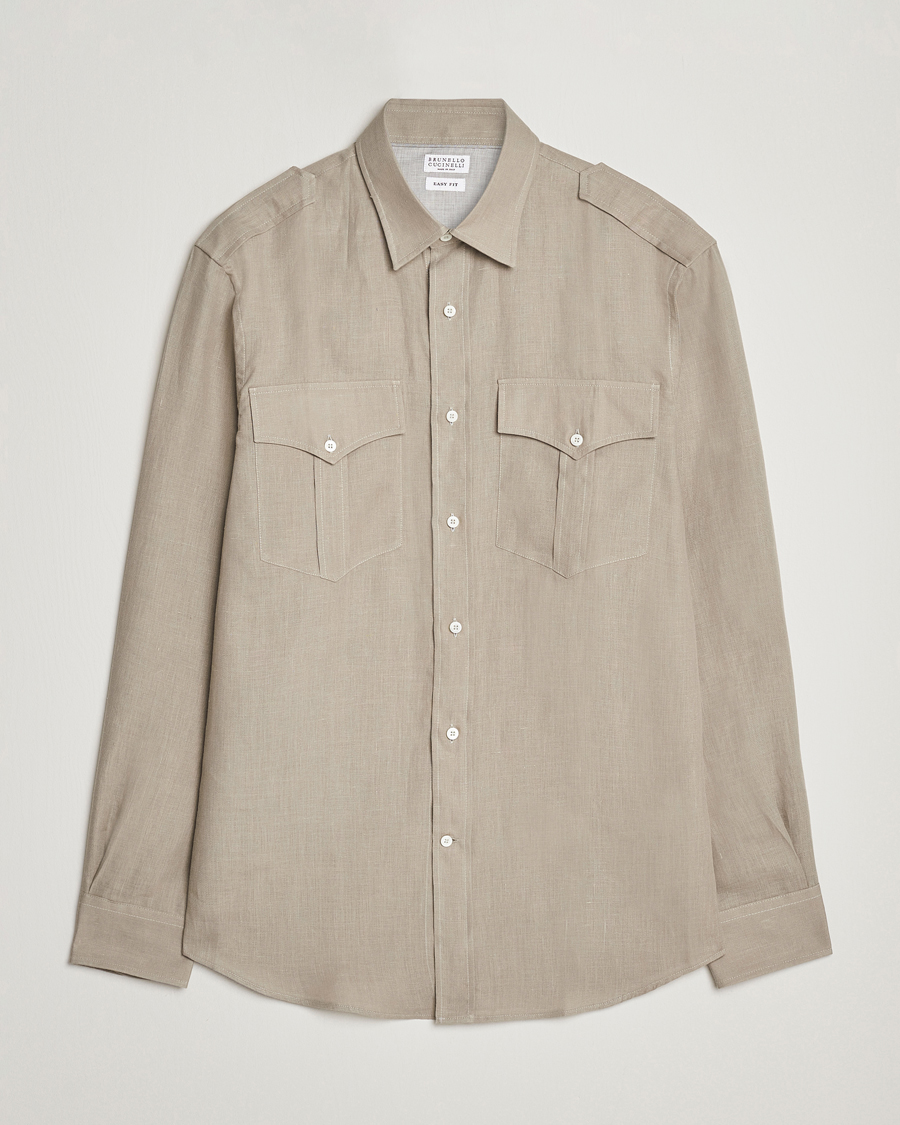 Uomini | Camicie | Brunello Cucinelli | Linen Canapa Safari Shirt Olive
