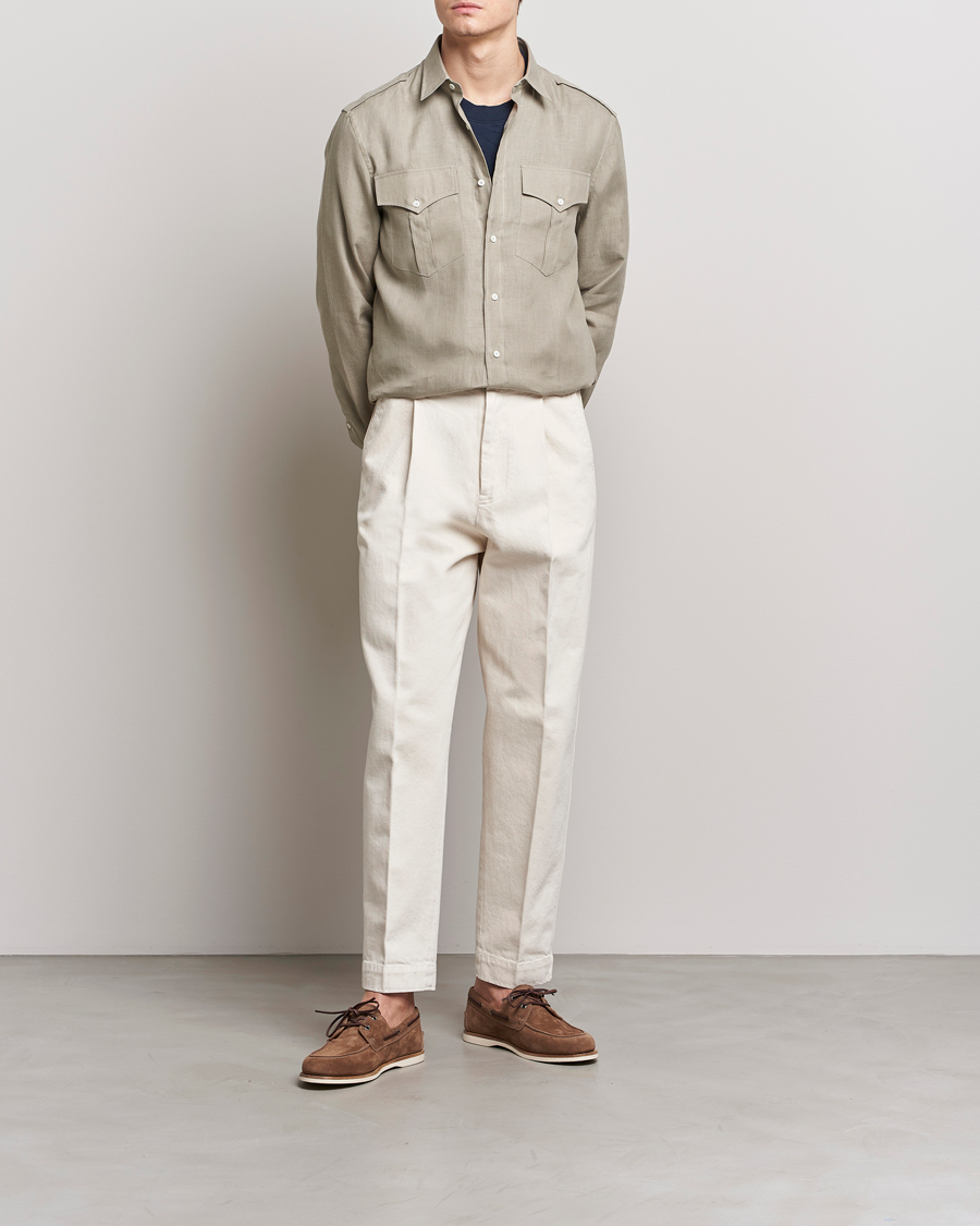Uomini | Camicie | Brunello Cucinelli | Linen Canapa Safari Shirt Olive