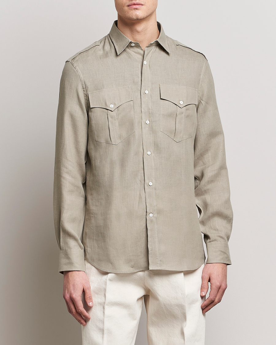 Uomini | Camicie | Brunello Cucinelli | Linen Canapa Safari Shirt Olive