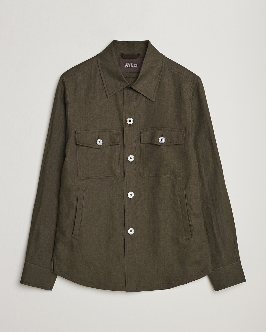 Uomini | Camicie | Oscar Jacobson | Maverick Linen Shirt Jacket Olive