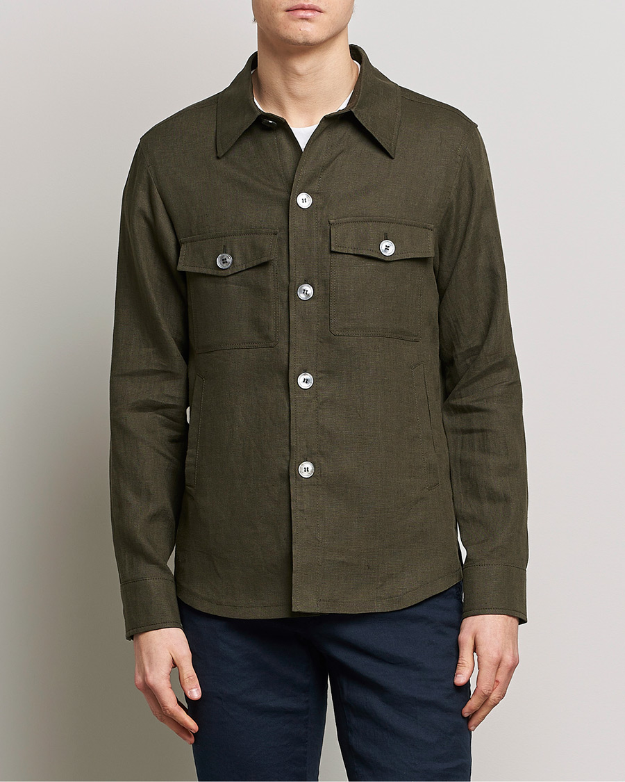 Uomini | Camicie | Oscar Jacobson | Maverick Linen Shirt Jacket Olive