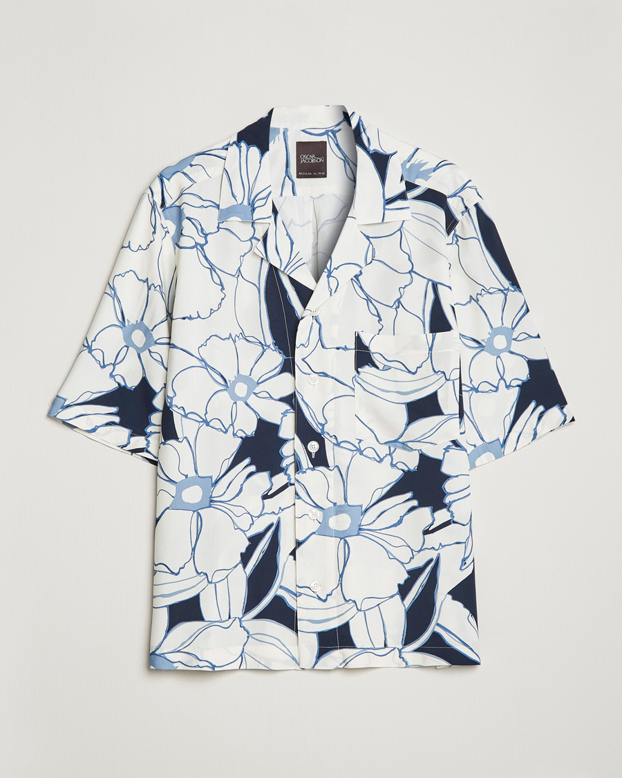 Uomini | Camicie | Oscar Jacobson | Cuban Short Sleeve Flower Print Shirt White