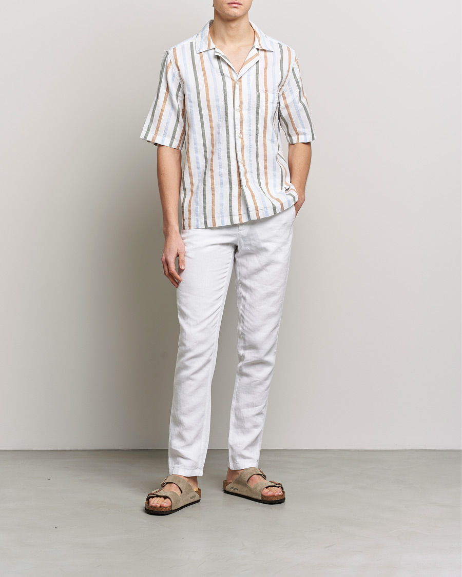 Uomini | Camicie | Oscar Jacobson | Cuban Short Sleeve Multi Stripe Shirt White