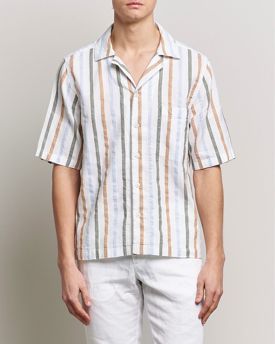 Uomini | Camicie | Oscar Jacobson | Cuban Short Sleeve Multi Stripe Shirt White
