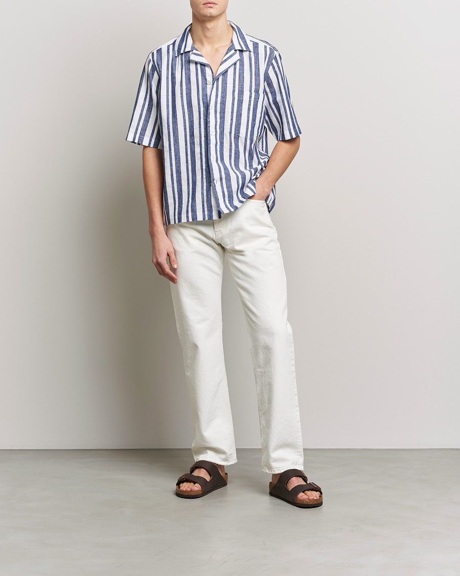 Uomini | Camicie | Oscar Jacobson | Cuban Short Sleeve Riviera Stripe Shirt White