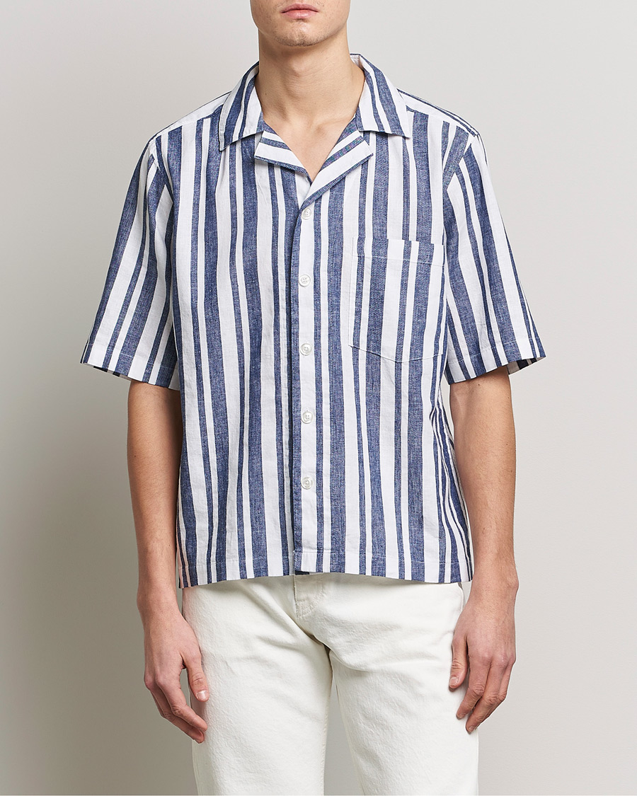 Uomini | Camicie | Oscar Jacobson | Cuban Short Sleeve Riviera Stripe Shirt White