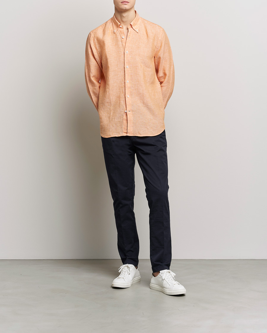 Uomini | Camicie | Oscar Jacobson | Regular Fit Button Down Linen Shirt Orange
