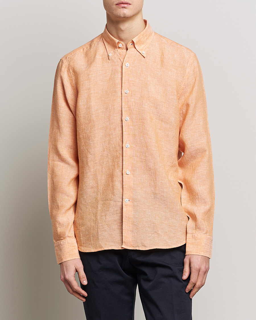 Uomini | Camicie | Oscar Jacobson | Regular Fit Button Down Linen Shirt Orange