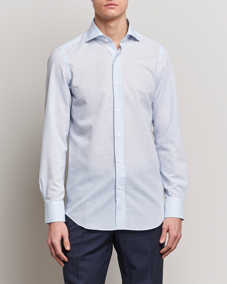 Uomini | Camicie | Finamore Napoli | Milano Slim Linen Dress Shirt Light Blue