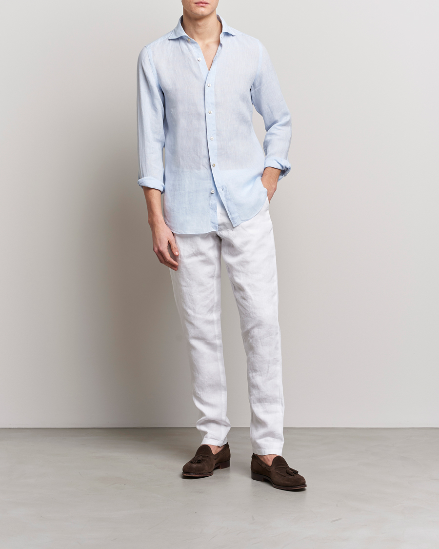 Uomini | Camicie | Finamore Napoli | Tokyo Slim Linen Shirt Light Blue
