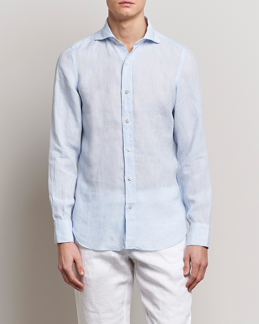 Uomini | Camicie | Finamore Napoli | Tokyo Slim Linen Shirt Light Blue