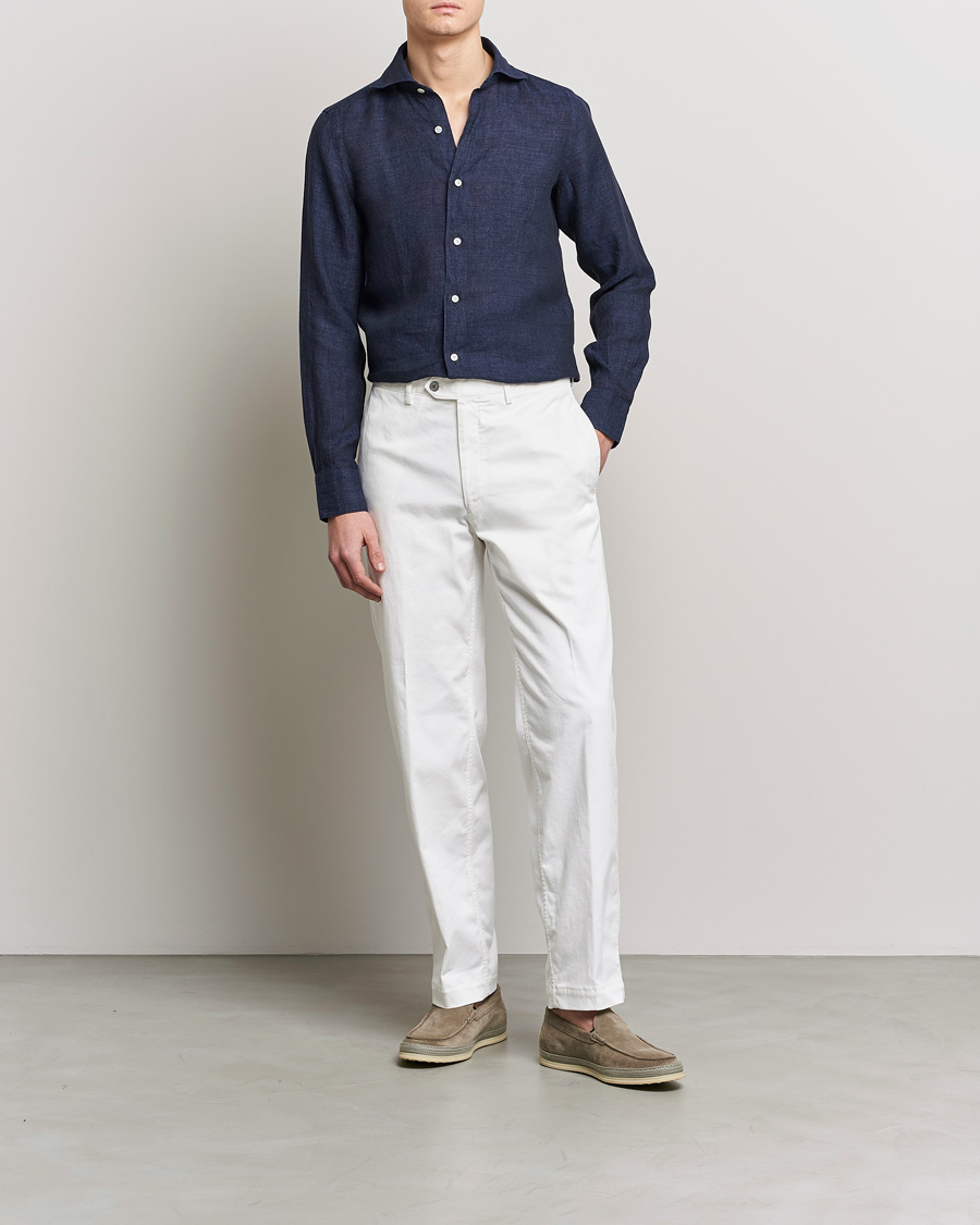 Uomini | Camicie | Finamore Napoli | Tokyo Slim Linen Shirt Navy
