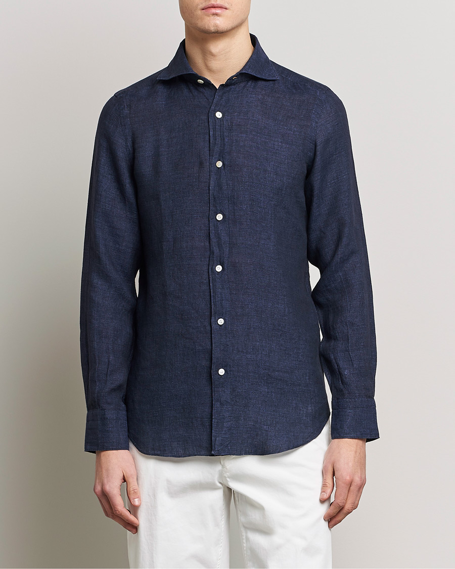 Uomini | Camicie | Finamore Napoli | Tokyo Slim Linen Shirt Navy