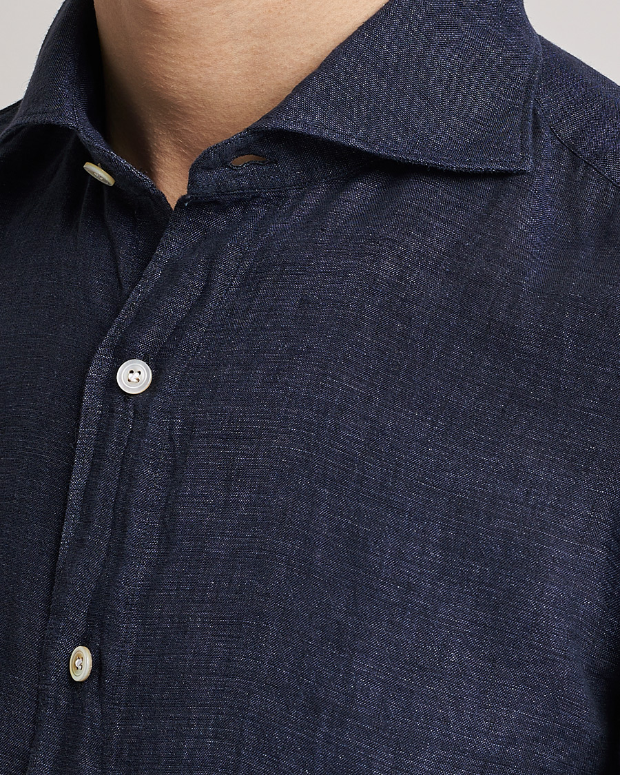 Uomini | Camicie | Finamore Napoli | Tokyo Slim Linen Shirt Navy