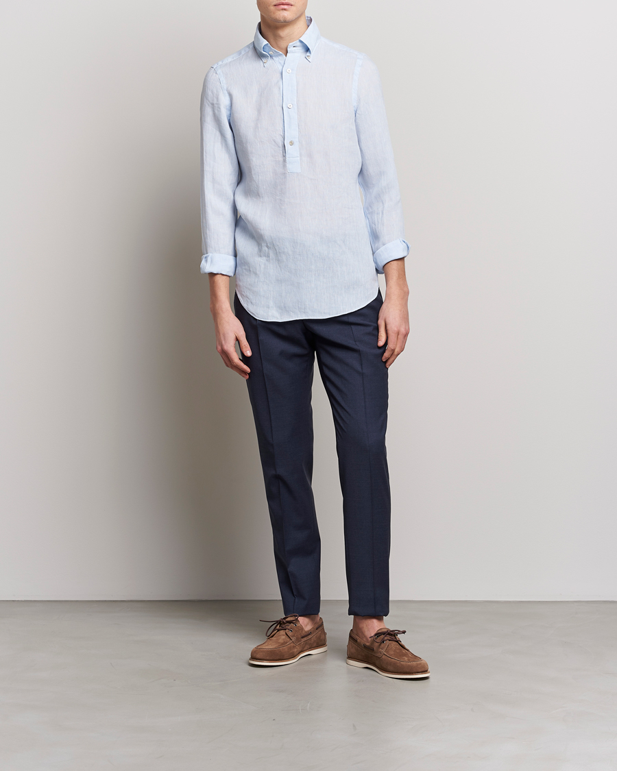 Uomini | Camicie | Finamore Napoli | Miami Linen Popover Shirt Light Blue