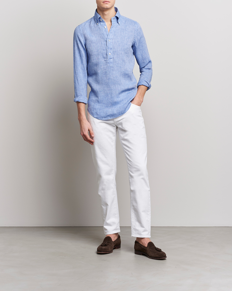 Uomini | Camicie | Finamore Napoli | Miami Linen Popover Shirt Dark Blue