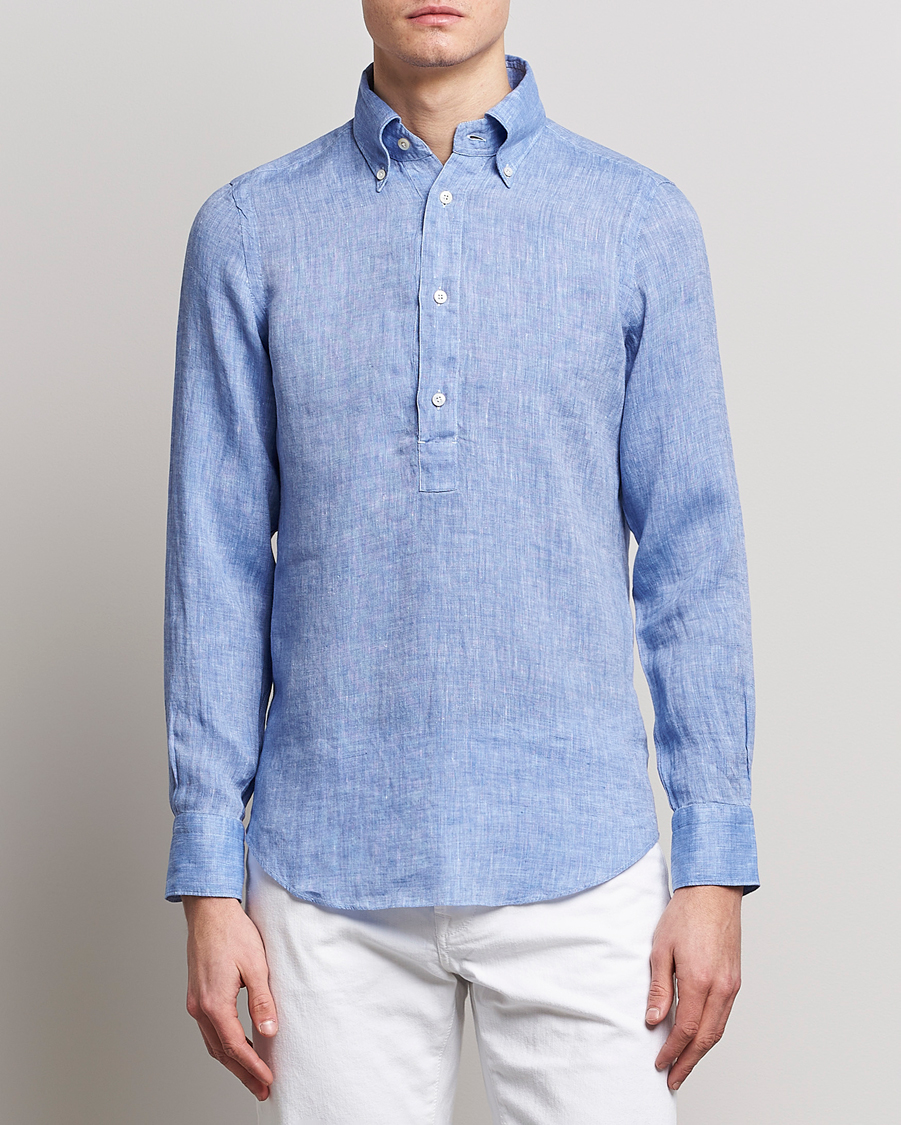 Uomini | Camicie | Finamore Napoli | Miami Linen Popover Shirt Dark Blue
