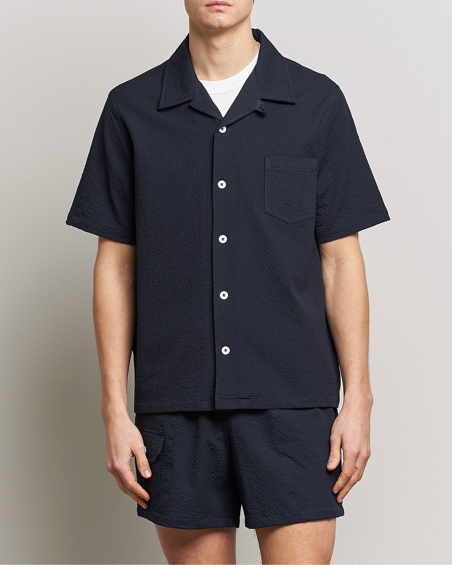 Uomini | Camicie | Howlin' | Short Sleeve Cotton Seersucker Shirt Navy