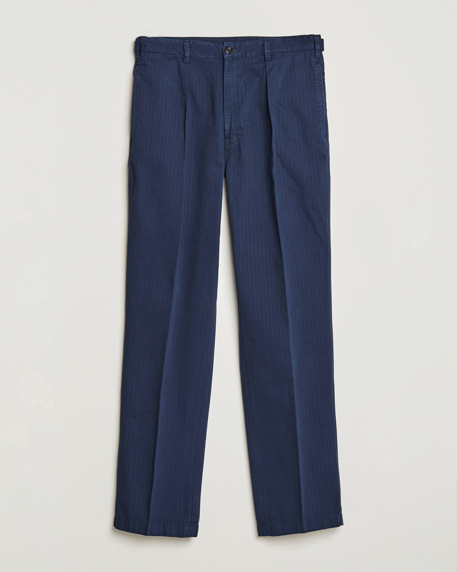 Uomini | Pantaloni | Drake's | Cotton Herringbone One Pleat Chino Navy