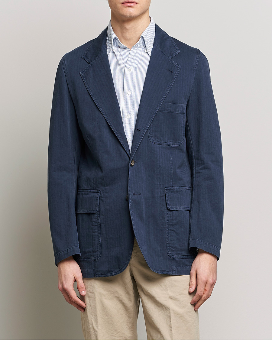 Uomini | Blazers | Drake's | MKI Cotton Herringbone Games Blazer Navy