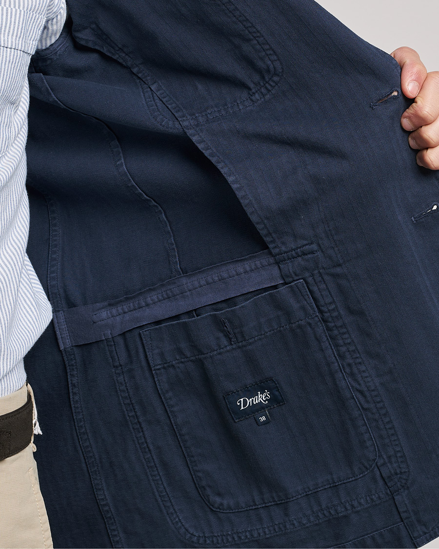 Uomini | Blazers | Drake's | MKI Cotton Herringbone Games Blazer Navy