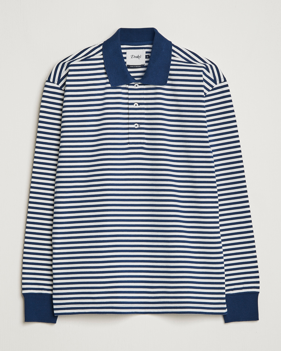 Uomini | Maglieria | Drake's | Striped Long Sleeve Jersey Polo White/Navy