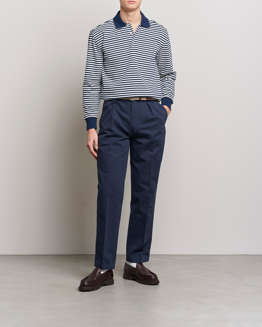 Uomini | Maglieria | Drake's | Striped Long Sleeve Jersey Polo White/Navy