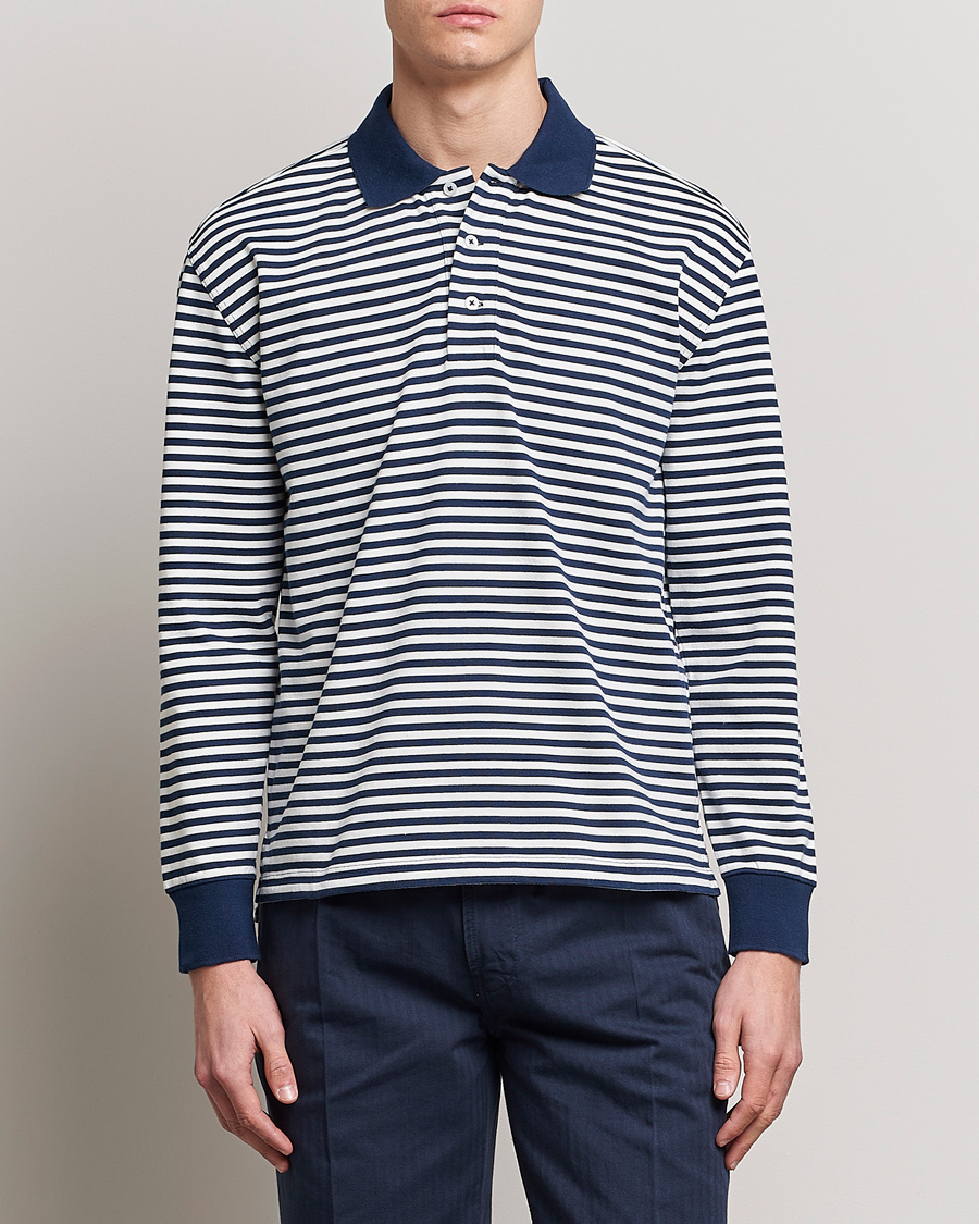 Uomini | Maglieria | Drake's | Striped Long Sleeve Jersey Polo White/Navy
