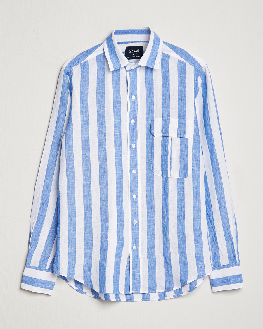 Uomini | Camicie | Drake's | Broad Stripe Linen Spread Collar Shirt Blue