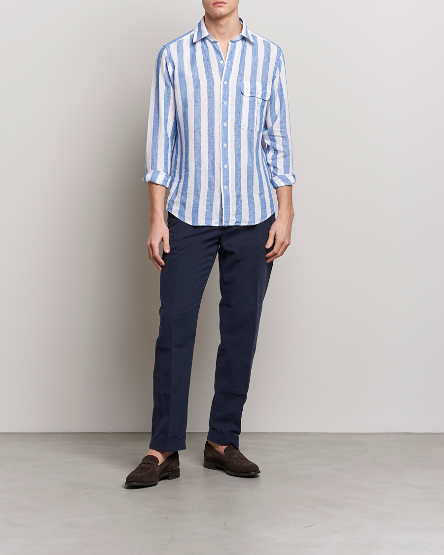 Uomini | Camicie | Drake's | Broad Stripe Linen Spread Collar Shirt Blue