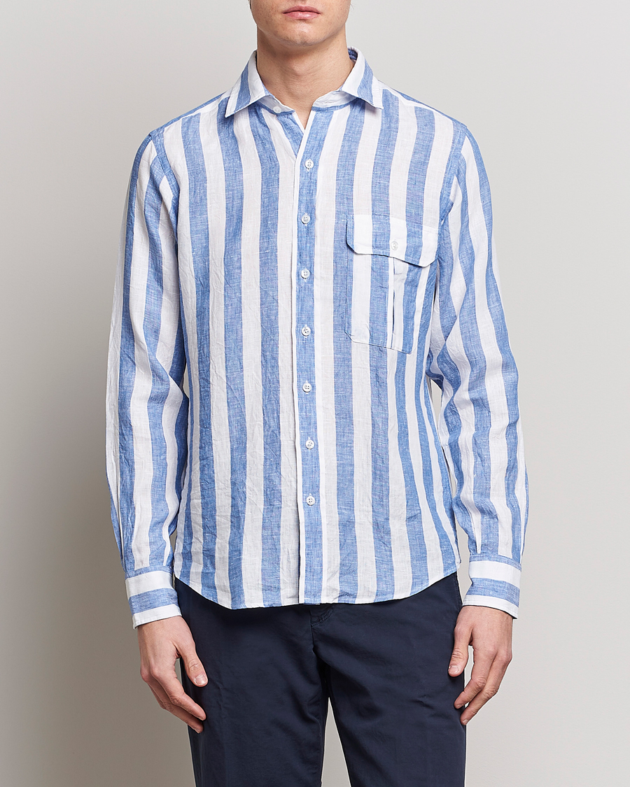 Uomini | Camicie | Drake's | Broad Stripe Linen Spread Collar Shirt Blue