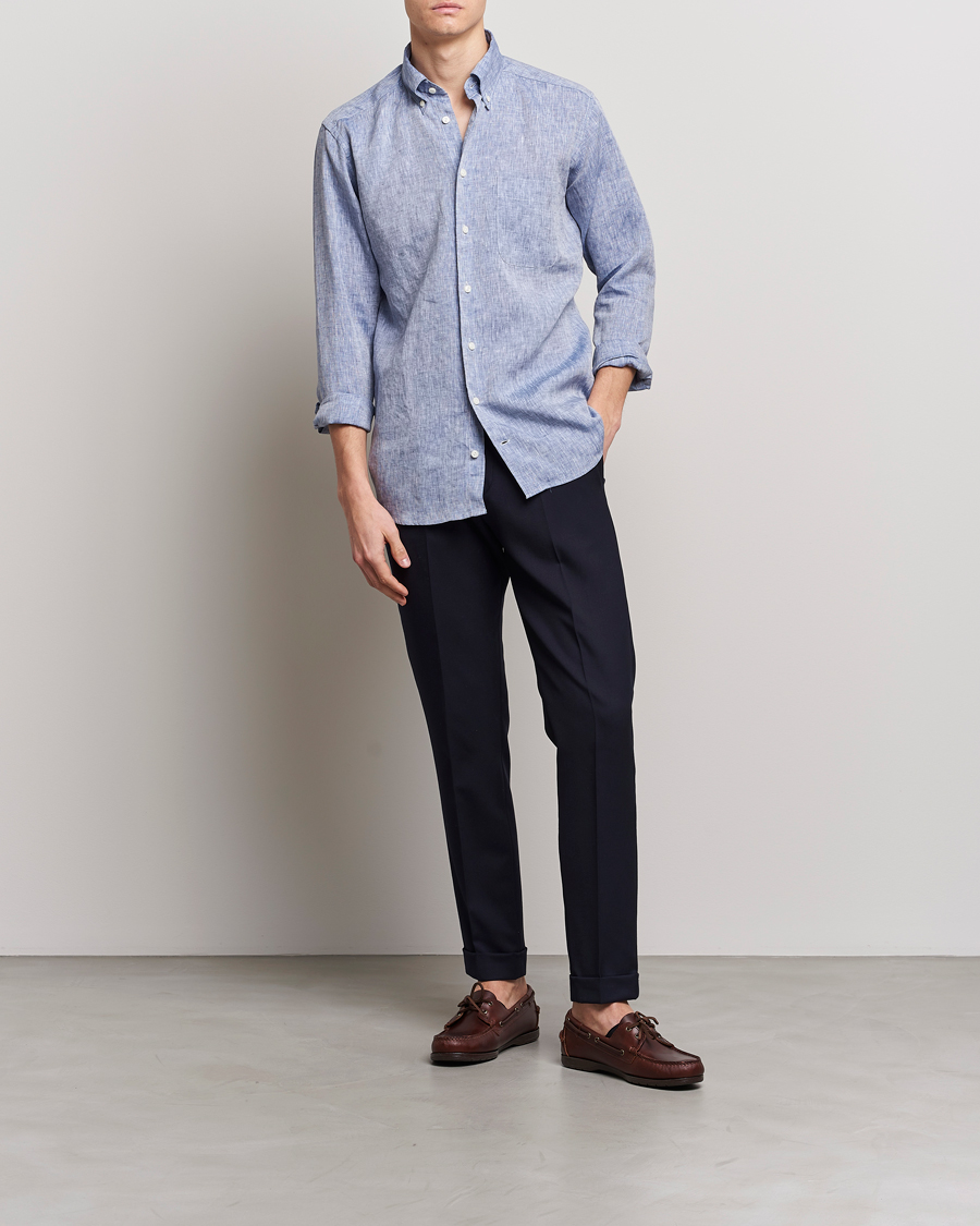 Uomini | Camicie | Eton | Slim Fit Linen Shirt Mid Blue