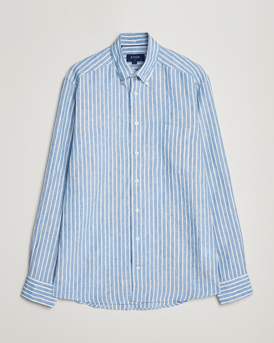 Uomini | Camicie | Eton | Slim Fit Striped Linen Shirt Mid Blue