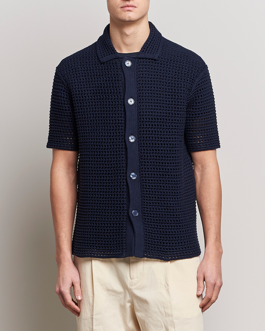 Uomini | Camicie | Orlebar Brown | Thomas Crochet Heavy Knitted Cotton Shirt Night Iris