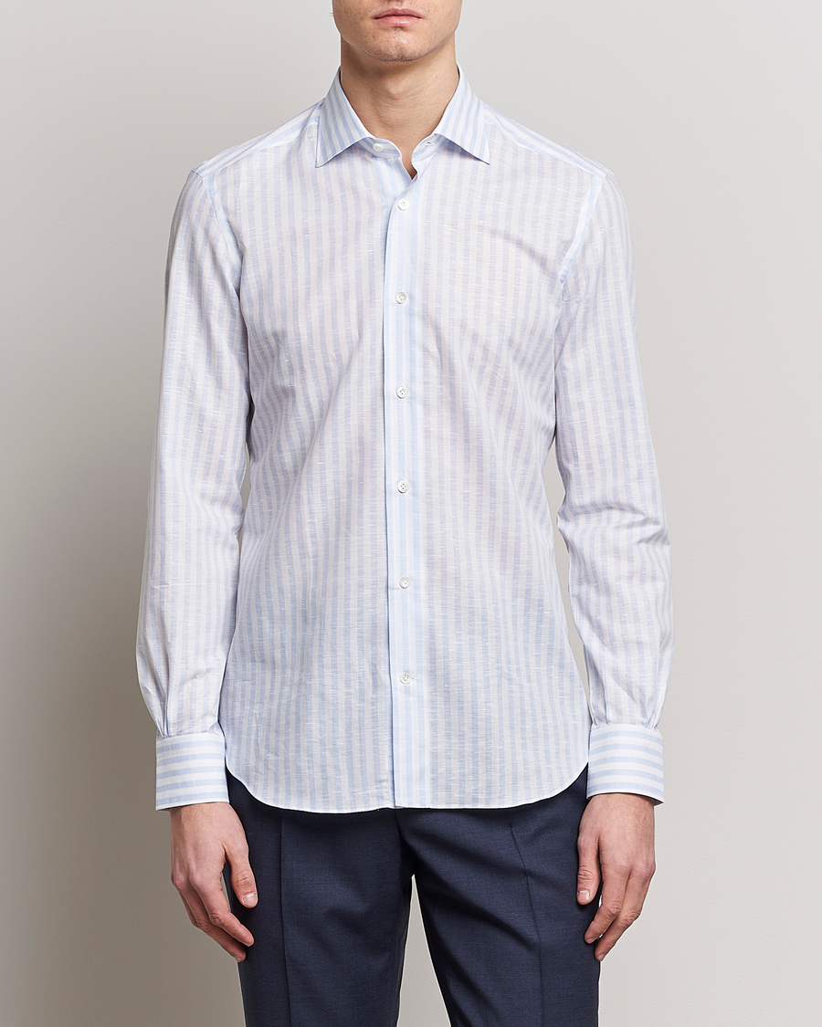 Uomini | Camicie | Mazzarelli | Soft Cotton/Linen Shirt Light Blue Stripe
